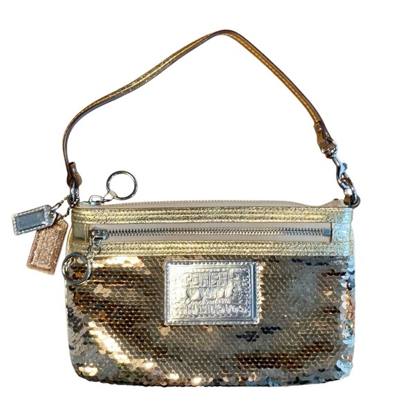 Coach Poppy Gold Sequin Wristlet / small shoulder bag, leopard lining - Picture 1 of 10